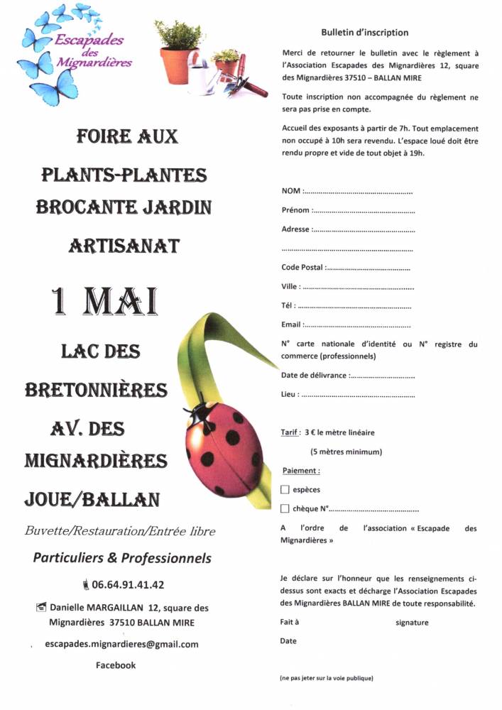 foire aux plants-plantes/brocante jardin/artisanat, Face à l'école de voile lac des Bretonnières JOUE/BALLAN, BALLAN MIRE (37)